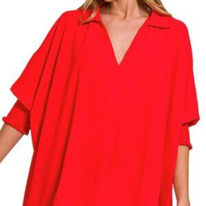 Zenana Airflow Collar Tee with Smocked Sleeve Band Top